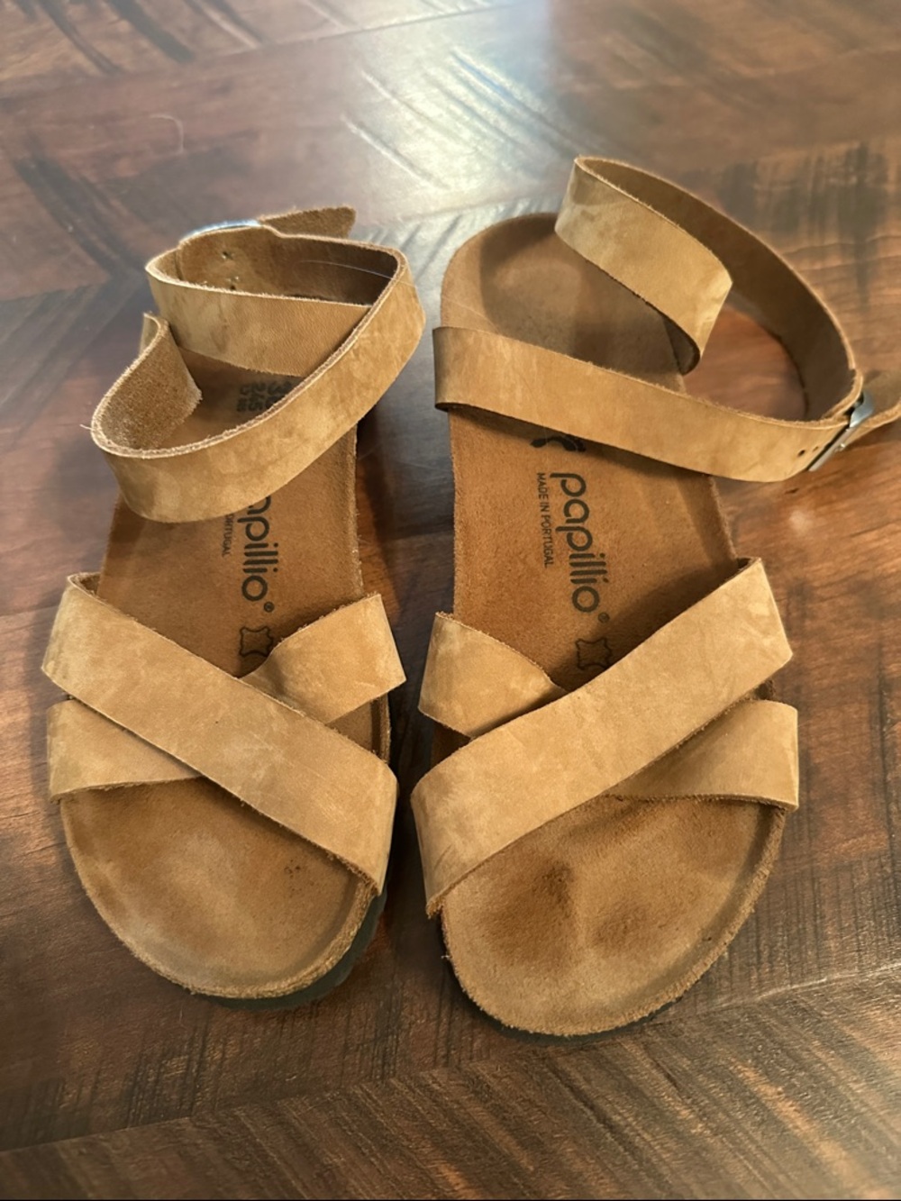 Papillio Tan Suede Crisscross Ankle Strap Sandals